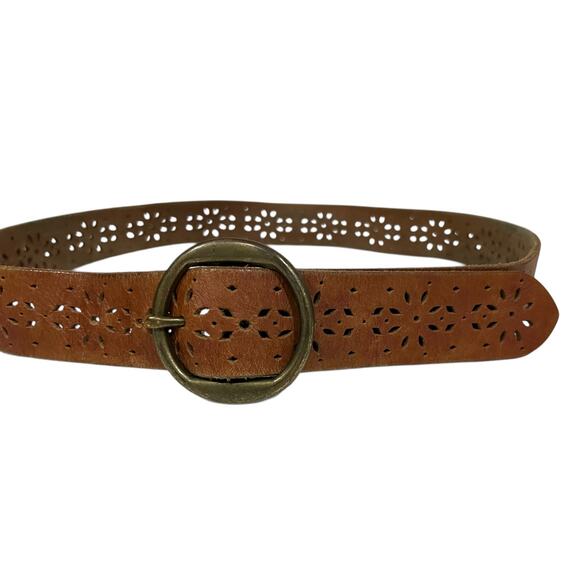 Lucky Brand Accessories - Lucky Brand Womens Leather Belt Sz Medium Brown Laser Cut Boho Brass Buckle